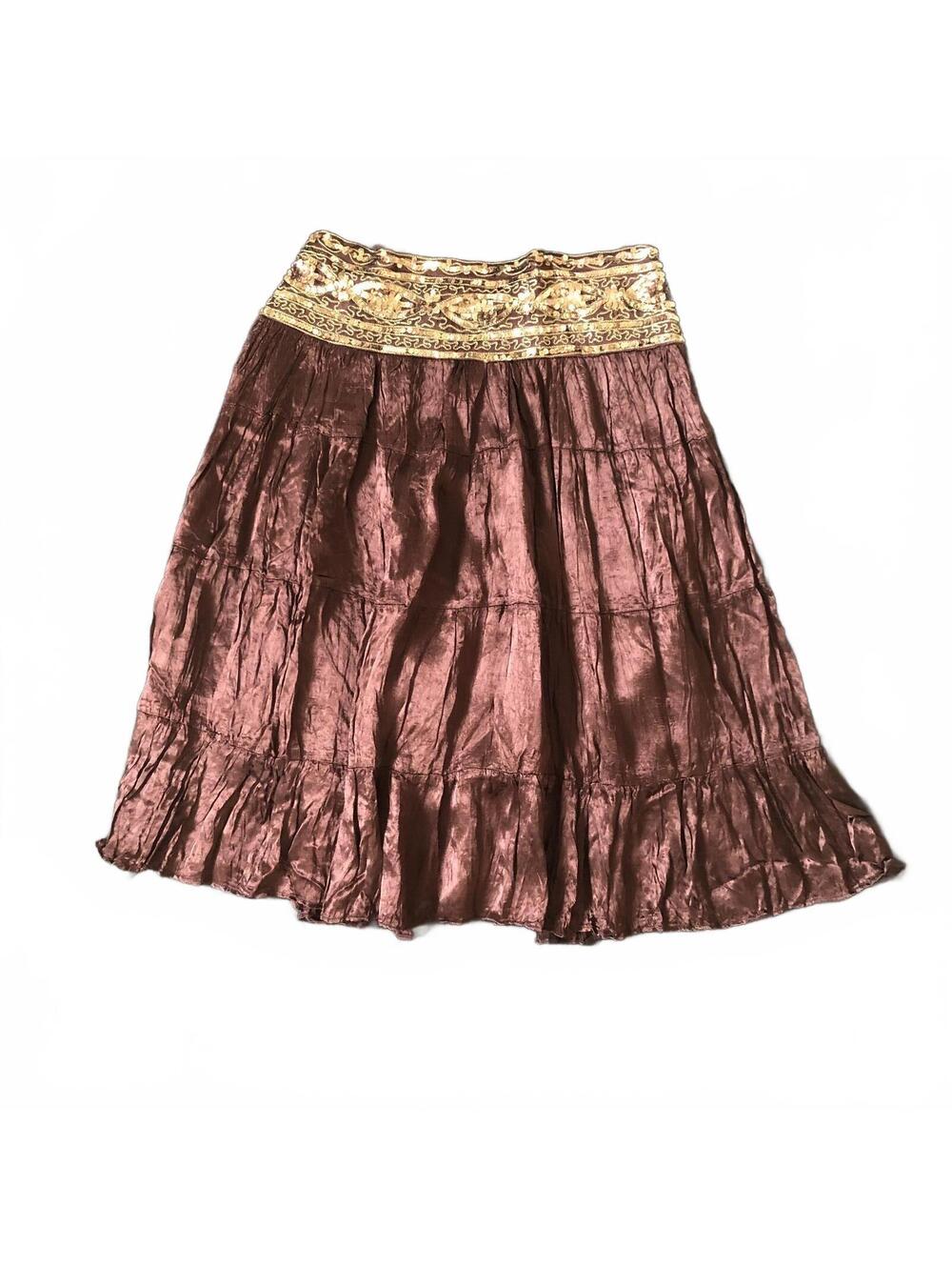 Cache Brown Viscose Skirt with Gold Sequin Waistband Size 2 Boho Festival